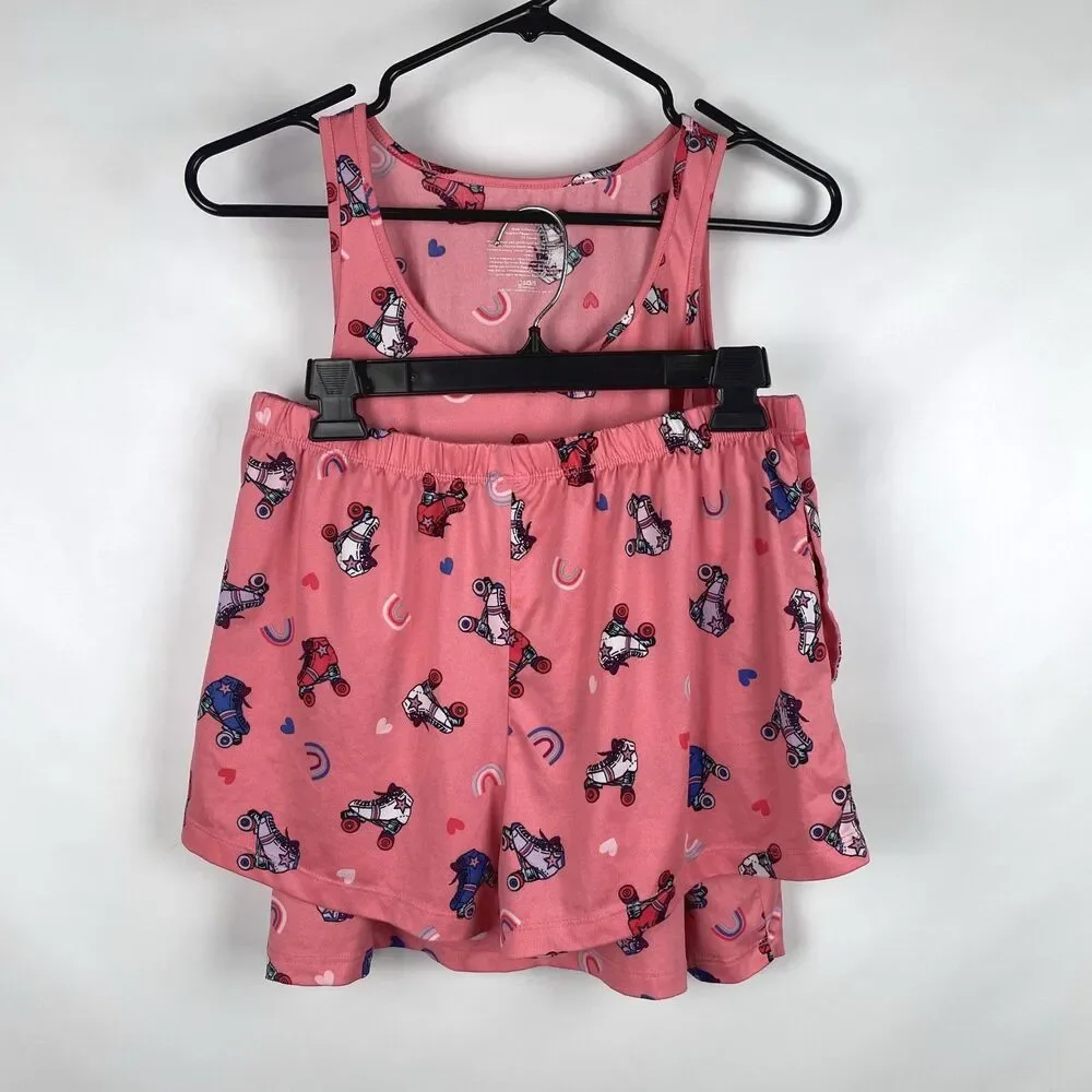 Joyspun Womens S 4-6 2pc Pajama Set Pink Retro Roller Skates Tank Top Shorts